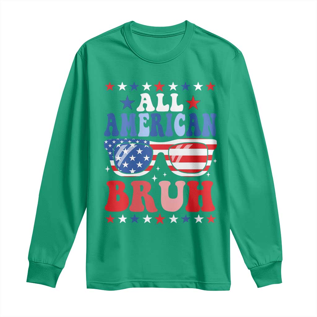 All American Bruh Patriotic 4th Of July Long Sleeve Shirt USA Flag Sunglasses Teens Kids - Wonder Print Shop
