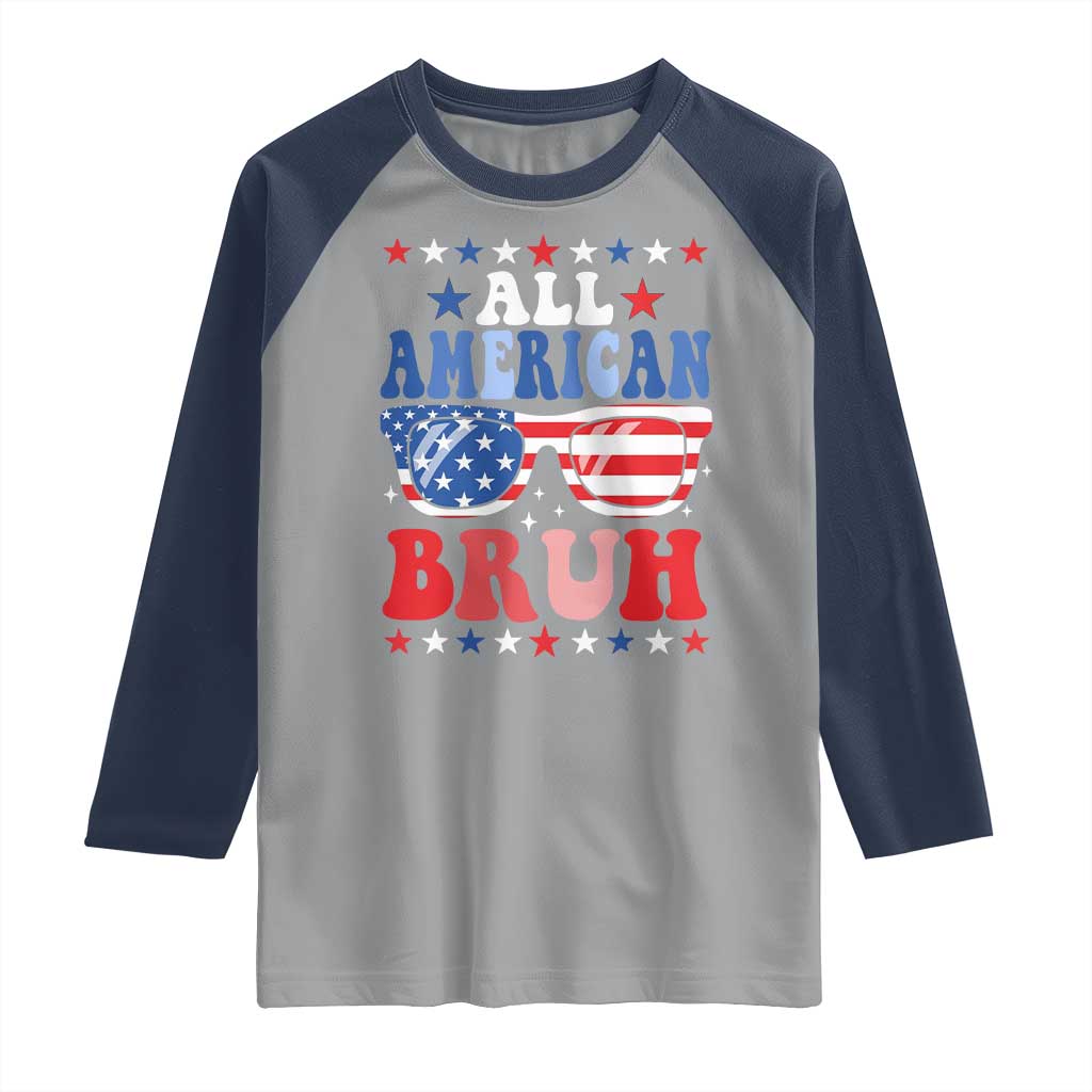 All American Bruh Patriotic 4th Of July Raglan Shirt USA Flag Sunglasses Teens Kids - Wonder Print Shop