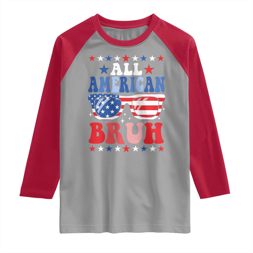 All American Bruh Patriotic 4th Of July Raglan Shirt USA Flag Sunglasses Teens Kids - Wonder Print Shop