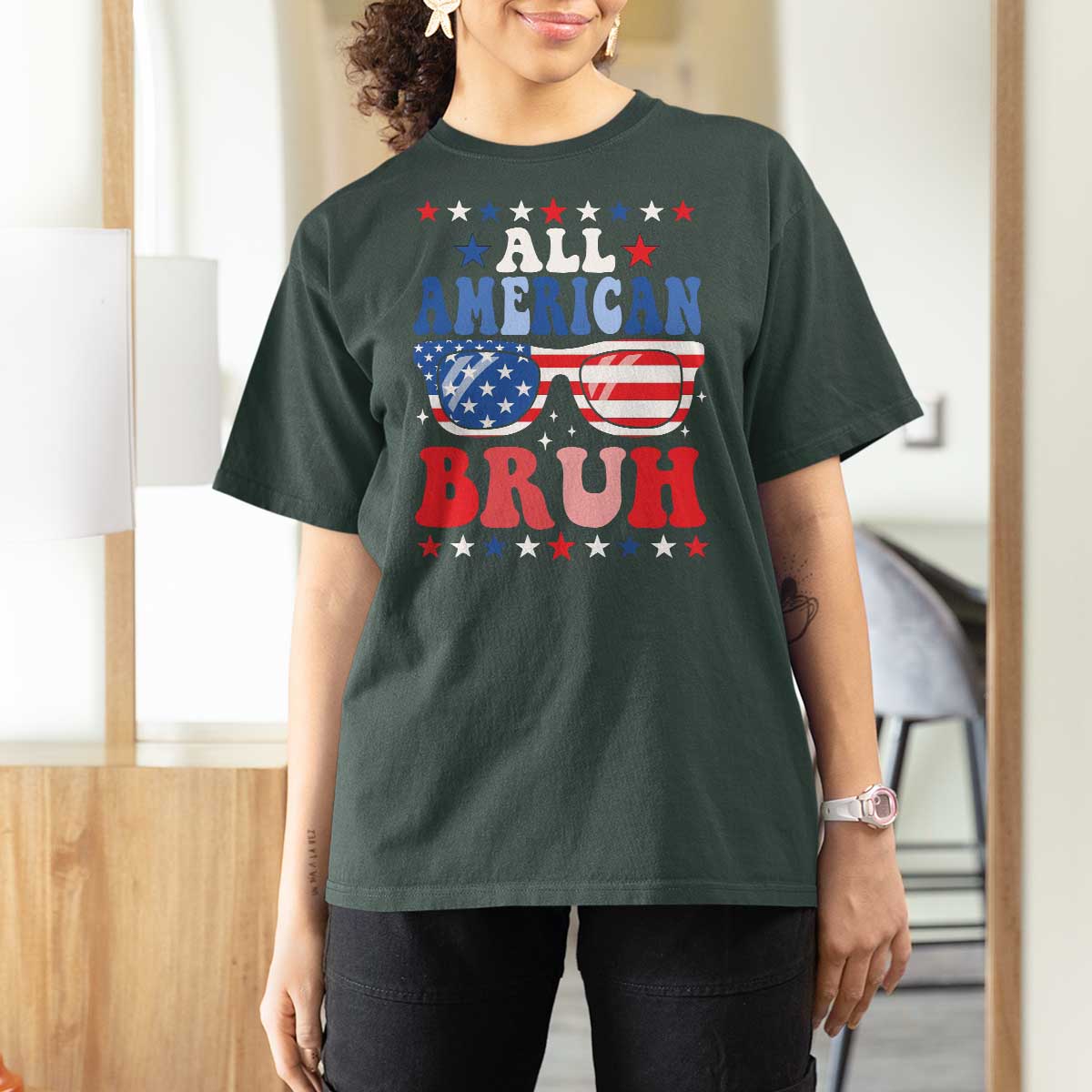 All American Bruh Patriotic 4th Of July T Shirt For Women USA Flag Sunglasses Teens Kids - Wonder Print Shop