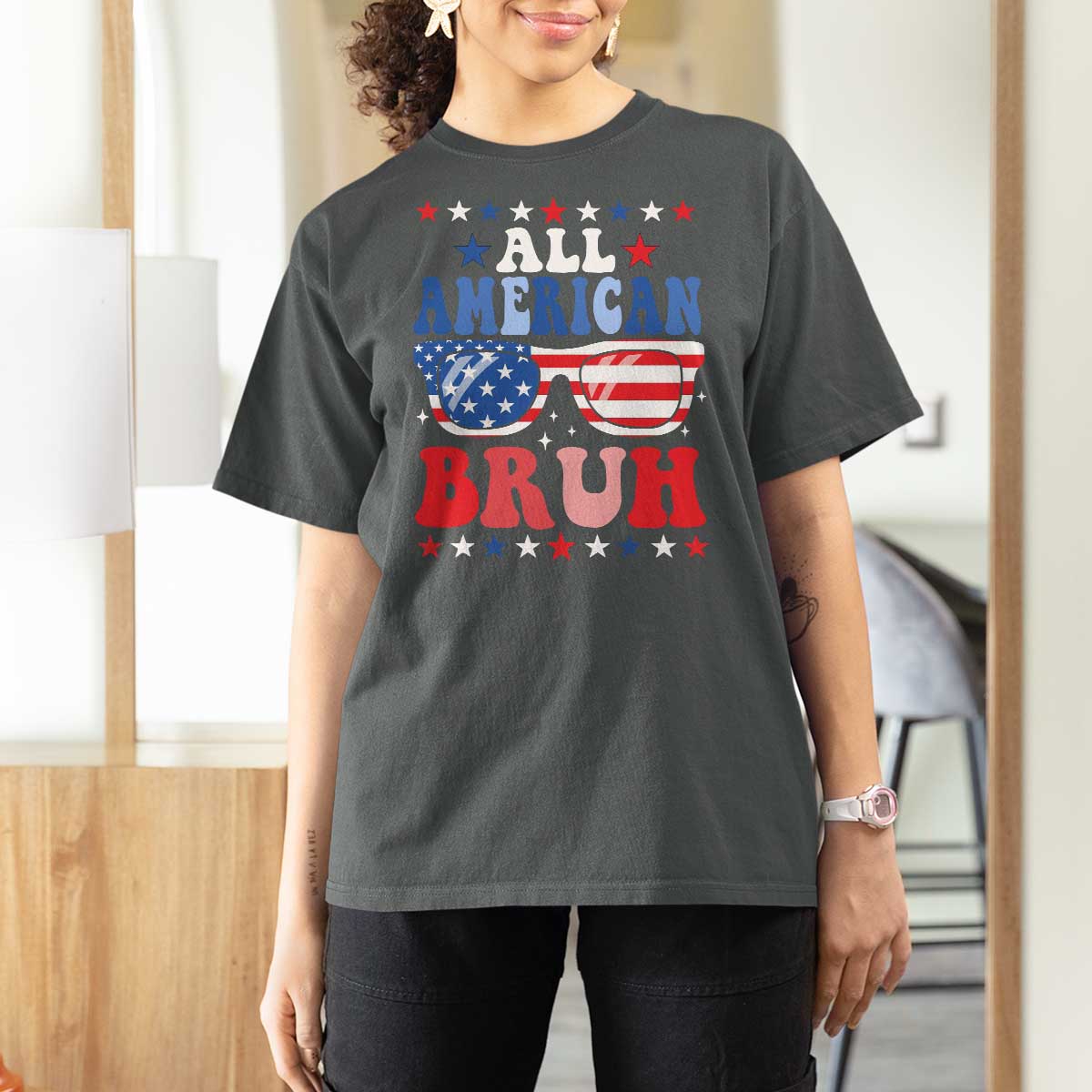 All American Bruh Patriotic 4th Of July T Shirt For Women USA Flag Sunglasses Teens Kids - Wonder Print Shop