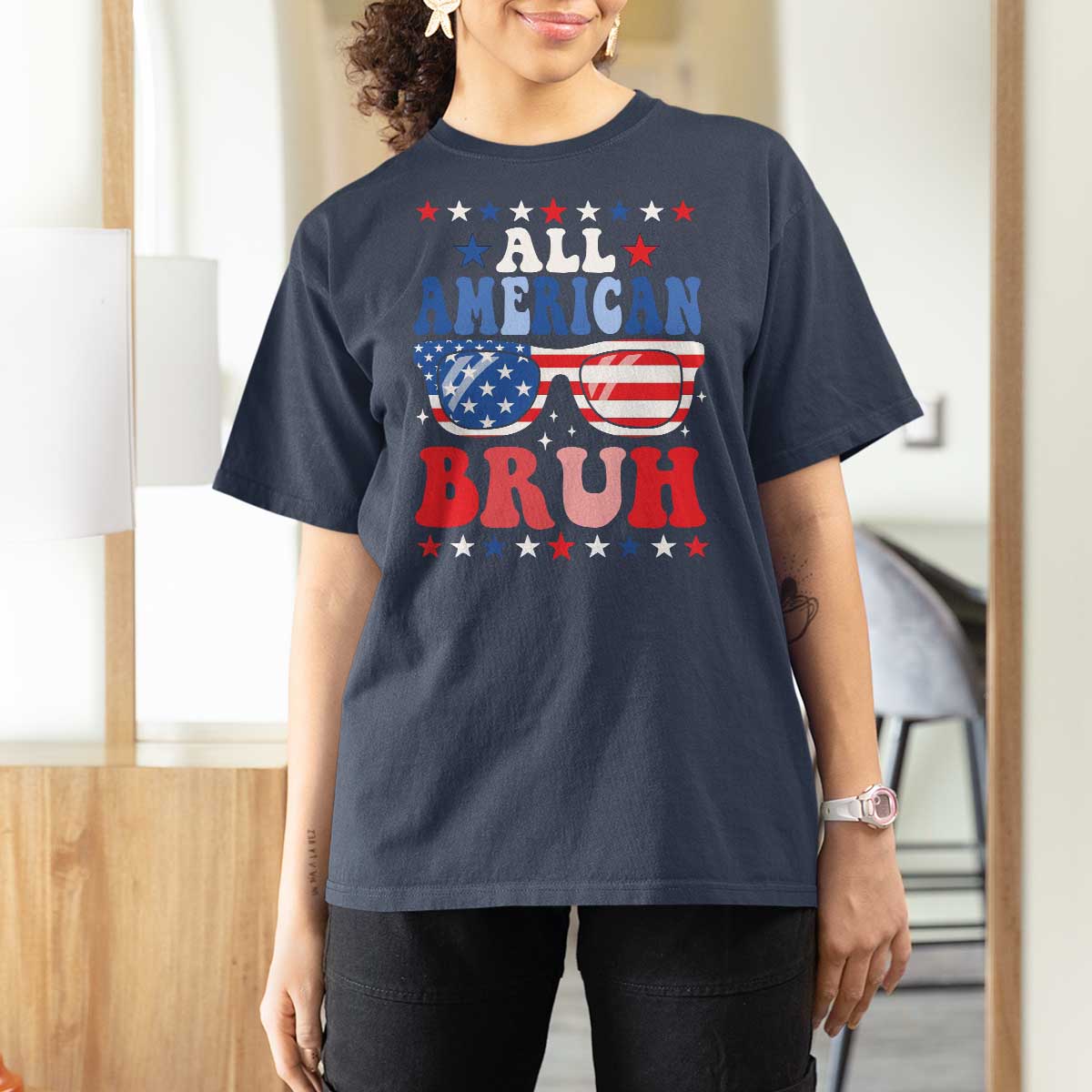 All American Bruh Patriotic 4th Of July T Shirt For Women USA Flag Sunglasses Teens Kids - Wonder Print Shop