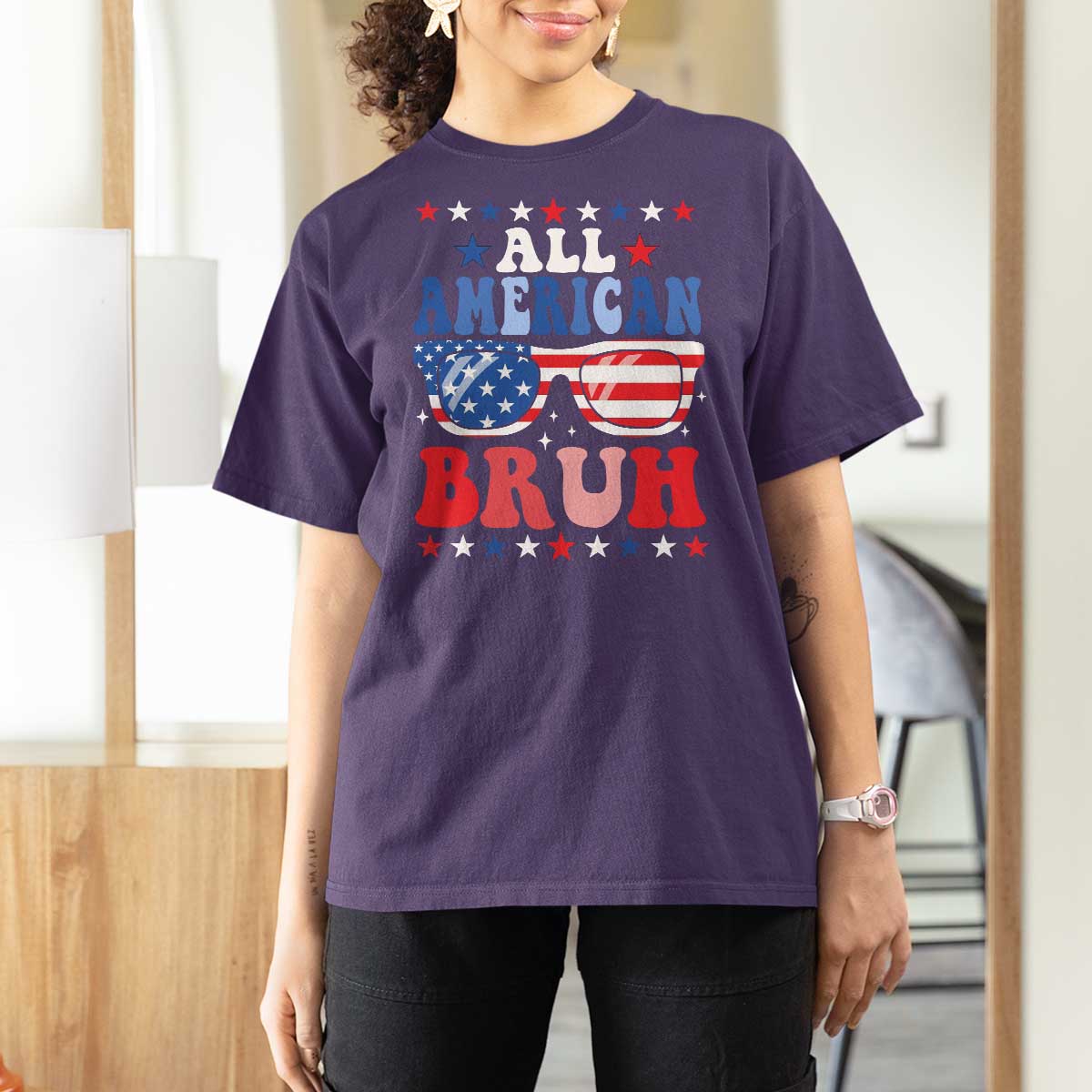 All American Bruh Patriotic 4th Of July T Shirt For Women USA Flag Sunglasses Teens Kids - Wonder Print Shop