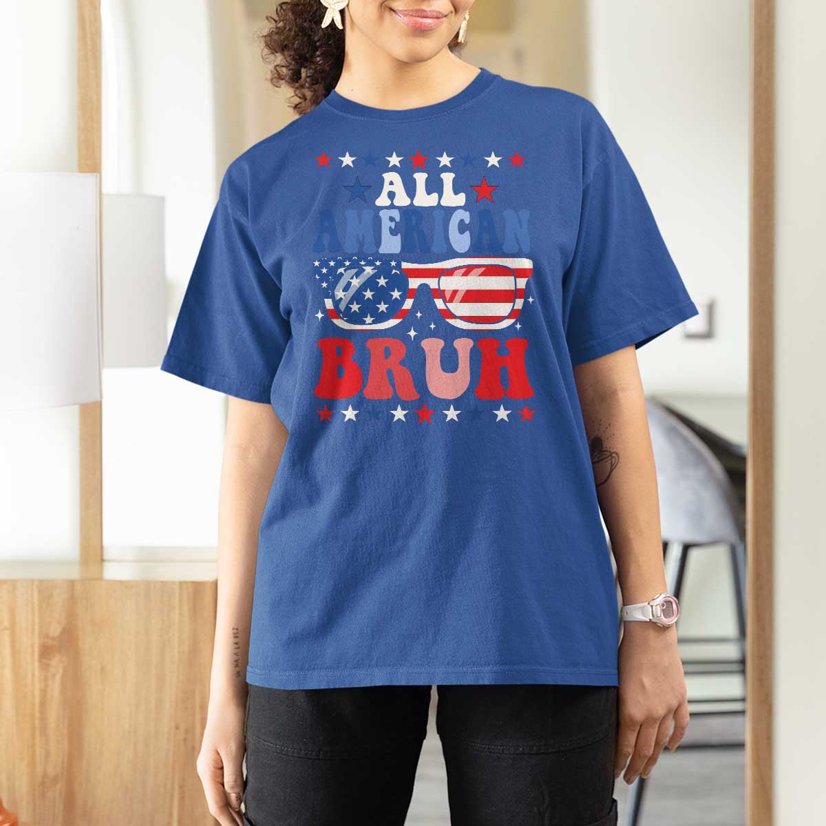 All American Bruh Patriotic 4th Of July T Shirt For Women USA Flag Sunglasses Teens Kids - Wonder Print Shop