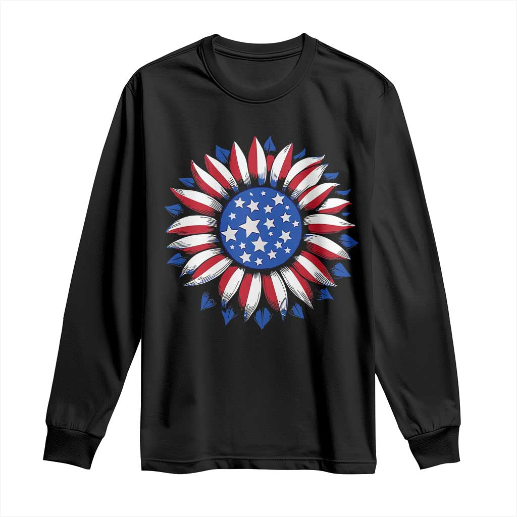 Sunflower American Flag Long Sleeve Shirt Floral USA 4th of July Merica - Wonder Print Shop