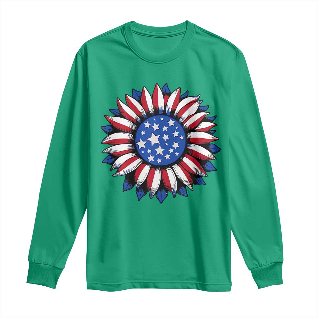 Sunflower American Flag Long Sleeve Shirt Floral USA 4th of July Merica - Wonder Print Shop