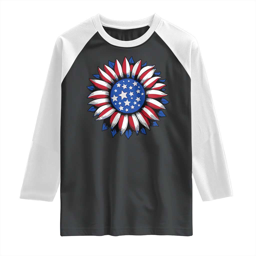 Sunflower American Flag Raglan Shirt Floral USA 4th of July Merica - Wonder Print Shop