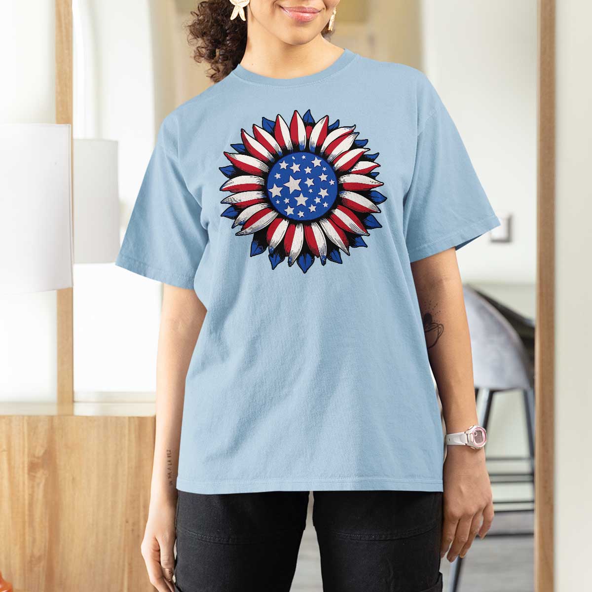 Sunflower American Flag T Shirt For Women Floral USA 4th of July Merica - Wonder Print Shop