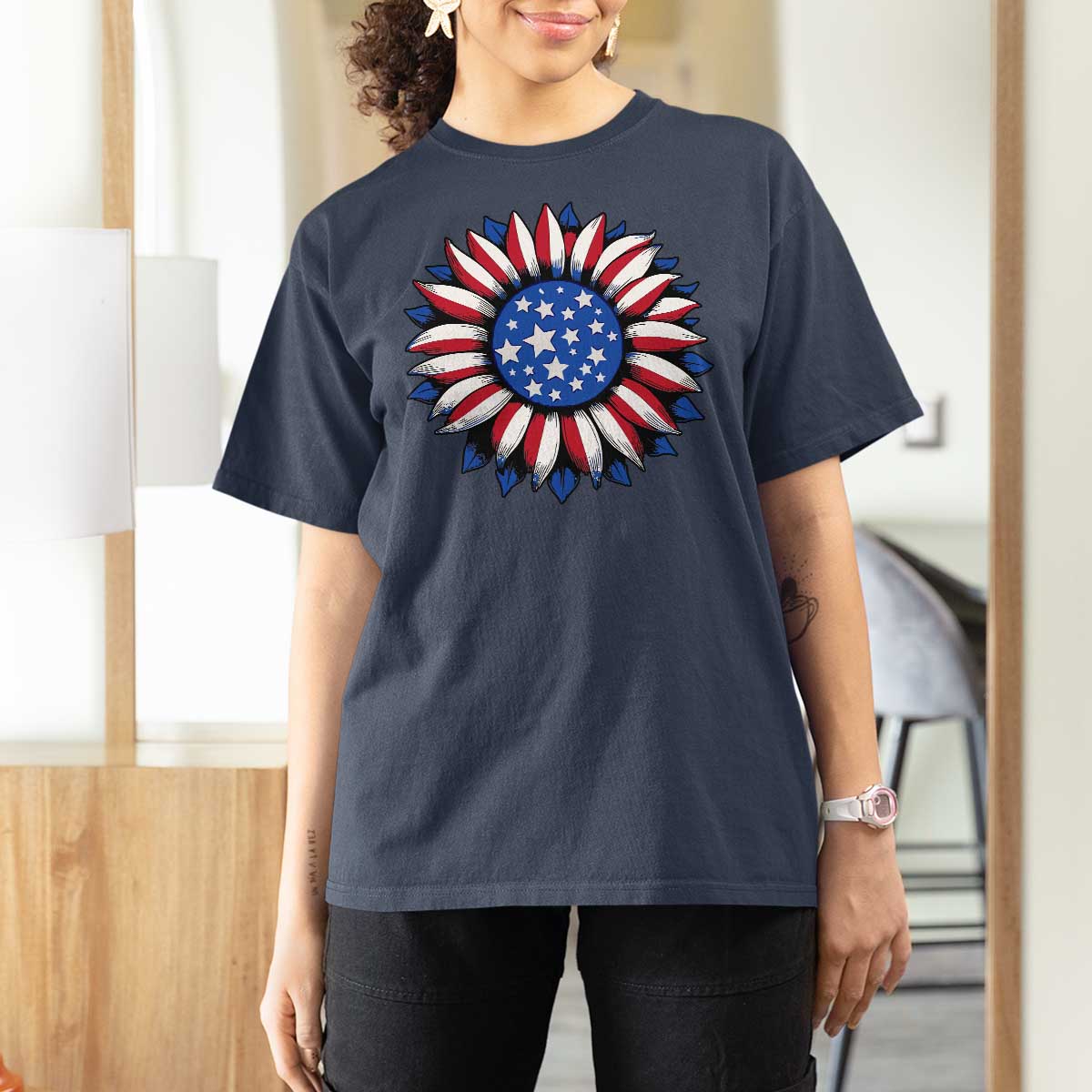 Sunflower American Flag T Shirt For Women Floral USA 4th of July Merica - Wonder Print Shop