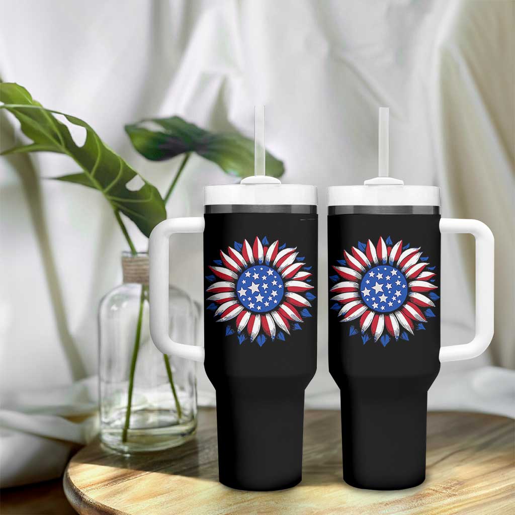 Sunflower American Flag Tumbler With Handle Floral USA 4th of July Merica - Wonder Print Shop