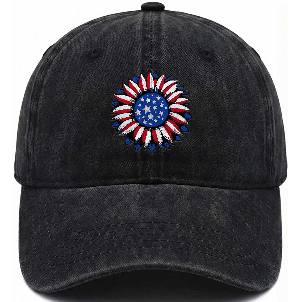 Sunflower American Flag Washed Cotton Baseball Cap Floral USA 4th of July Merica