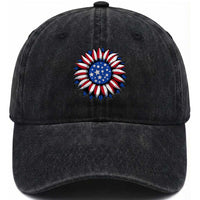 Sunflower American Flag Washed Cotton Baseball Cap Floral USA 4th of July Merica