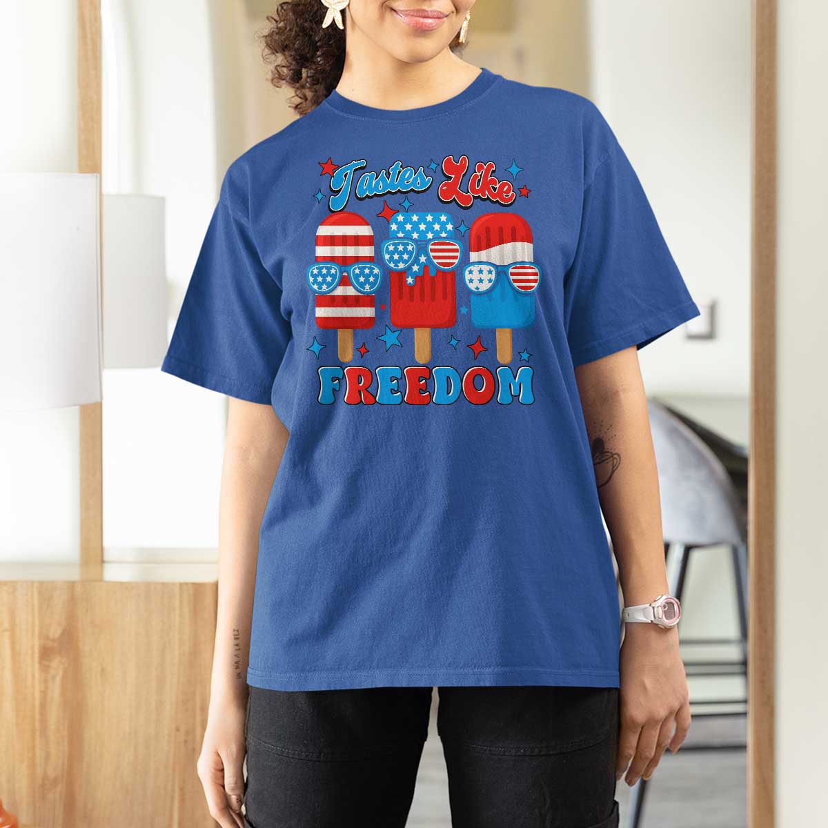 4th of July American Flag Popsicle T Shirt For Women Tastes Like Freedom Patriotic Funny - Wonder Print Shop