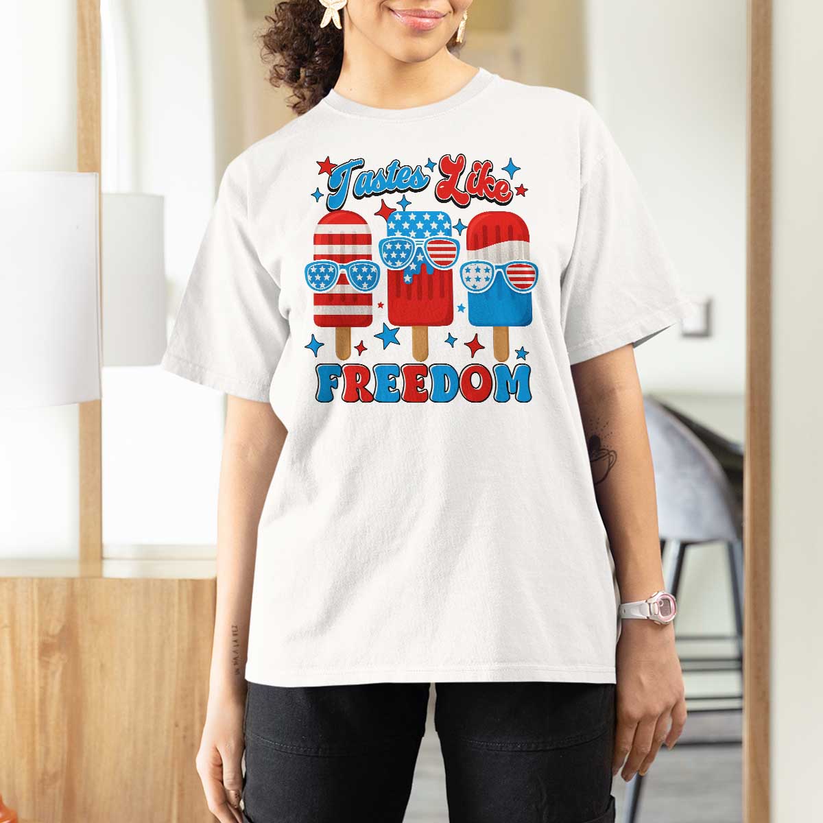 4th of July American Flag Popsicle T Shirt For Women Tastes Like Freedom Patriotic Funny - Wonder Print Shop