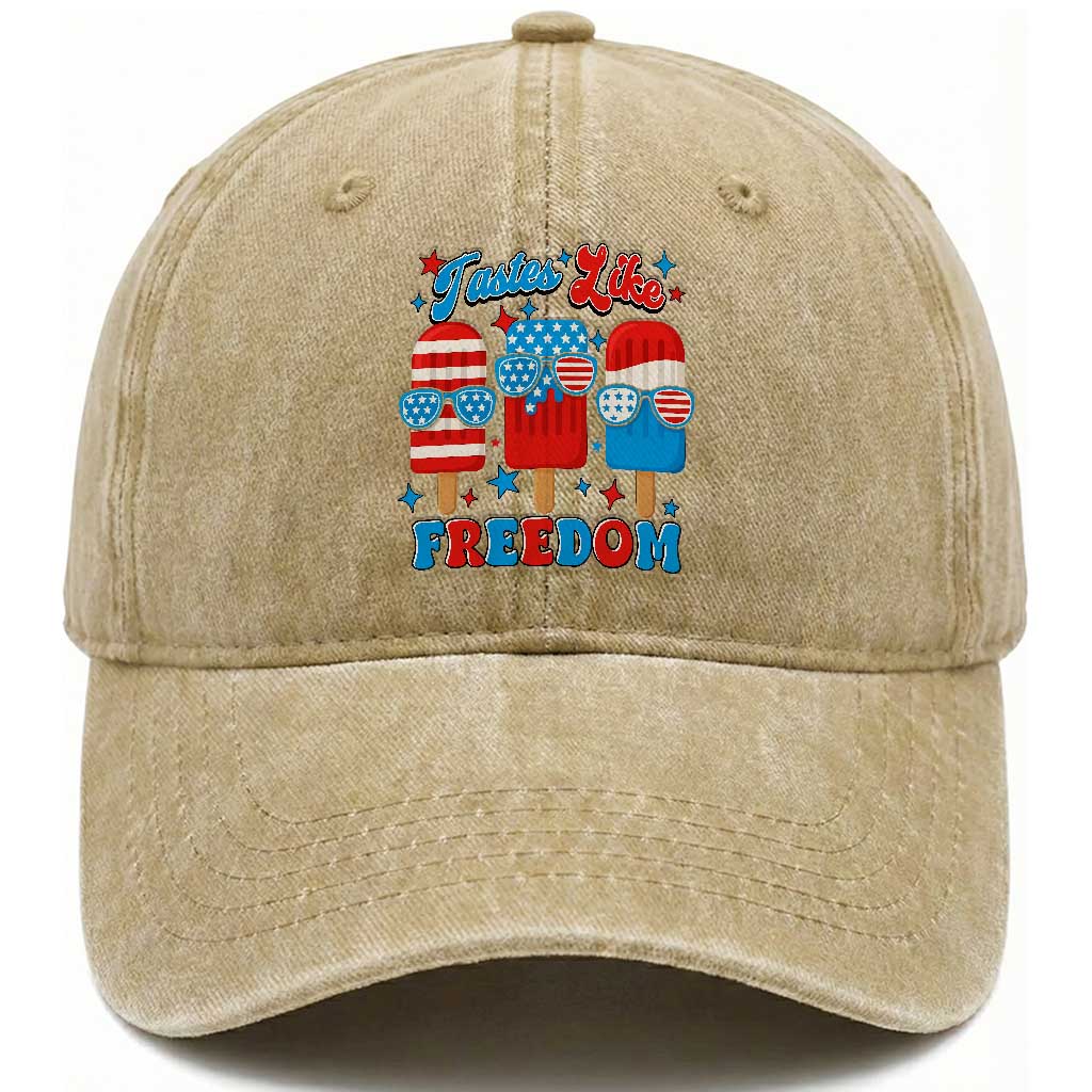 4th of July American Flag Popsicle Washed Cotton Baseball Cap Tastes Like Freedom Patriotic Funny