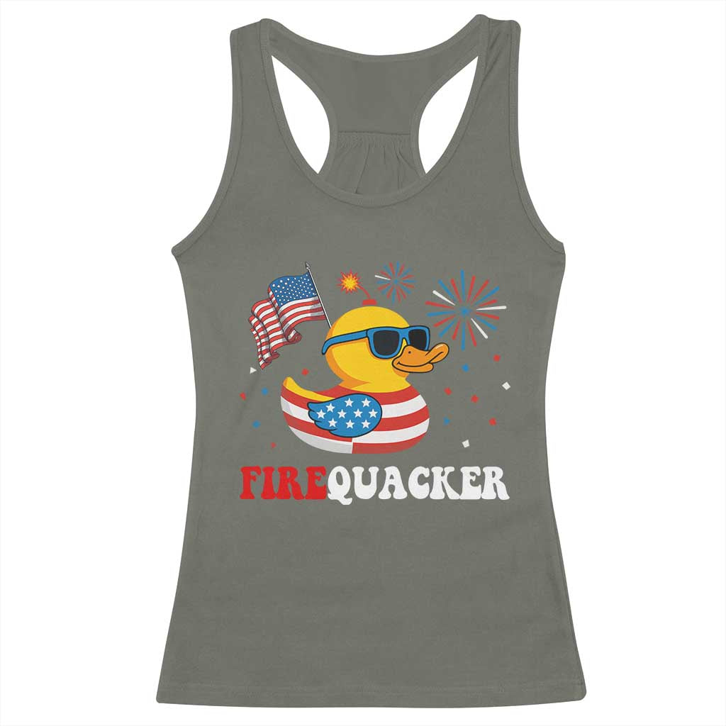 Funny July 4th Racerback Tank Top Patriotic Duck Firequacker American Flag - Wonder Print Shop