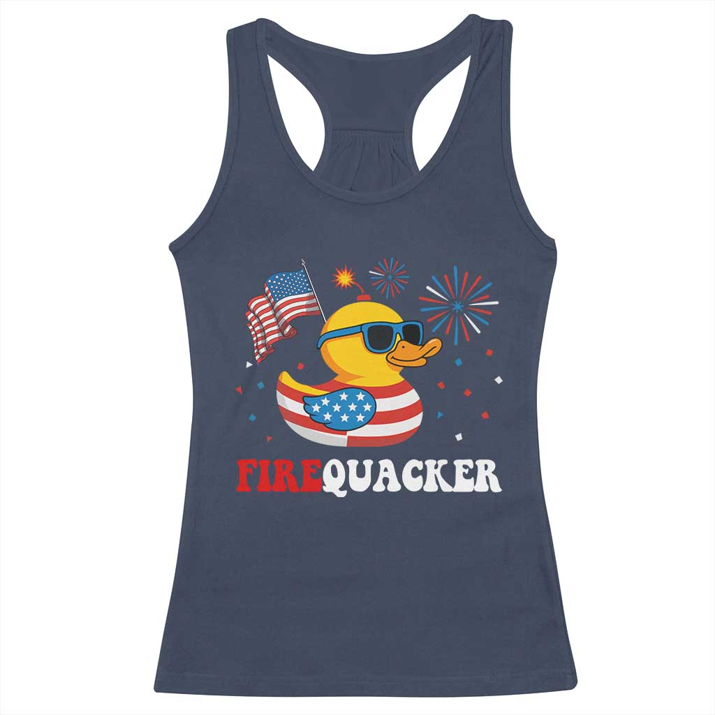 Funny July 4th Racerback Tank Top Patriotic Duck Firequacker American Flag - Wonder Print Shop