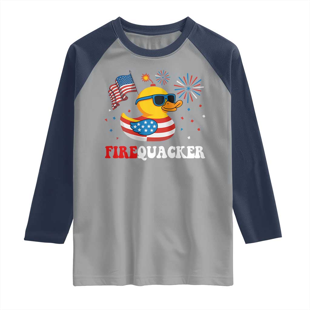 Funny July 4th Raglan Shirt Patriotic Duck Firequacker American Flag - Wonder Print Shop