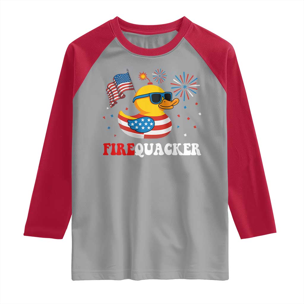 Funny July 4th Raglan Shirt Patriotic Duck Firequacker American Flag - Wonder Print Shop