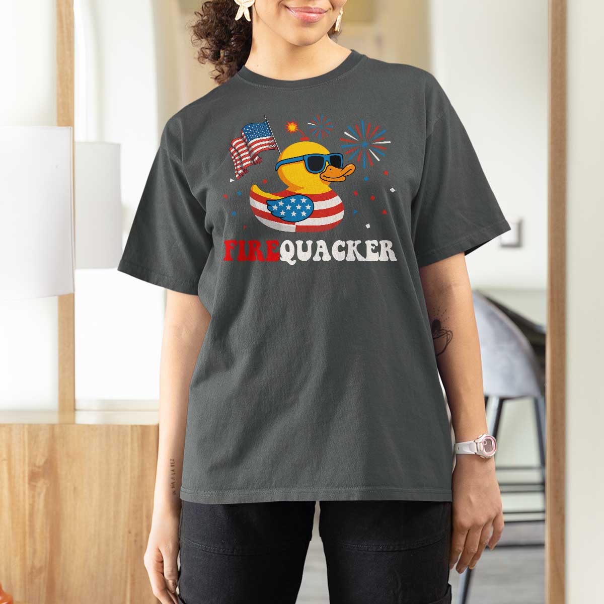 Funny July 4th T Shirt For Women Patriotic Duck Firequacker American Flag - Wonder Print Shop