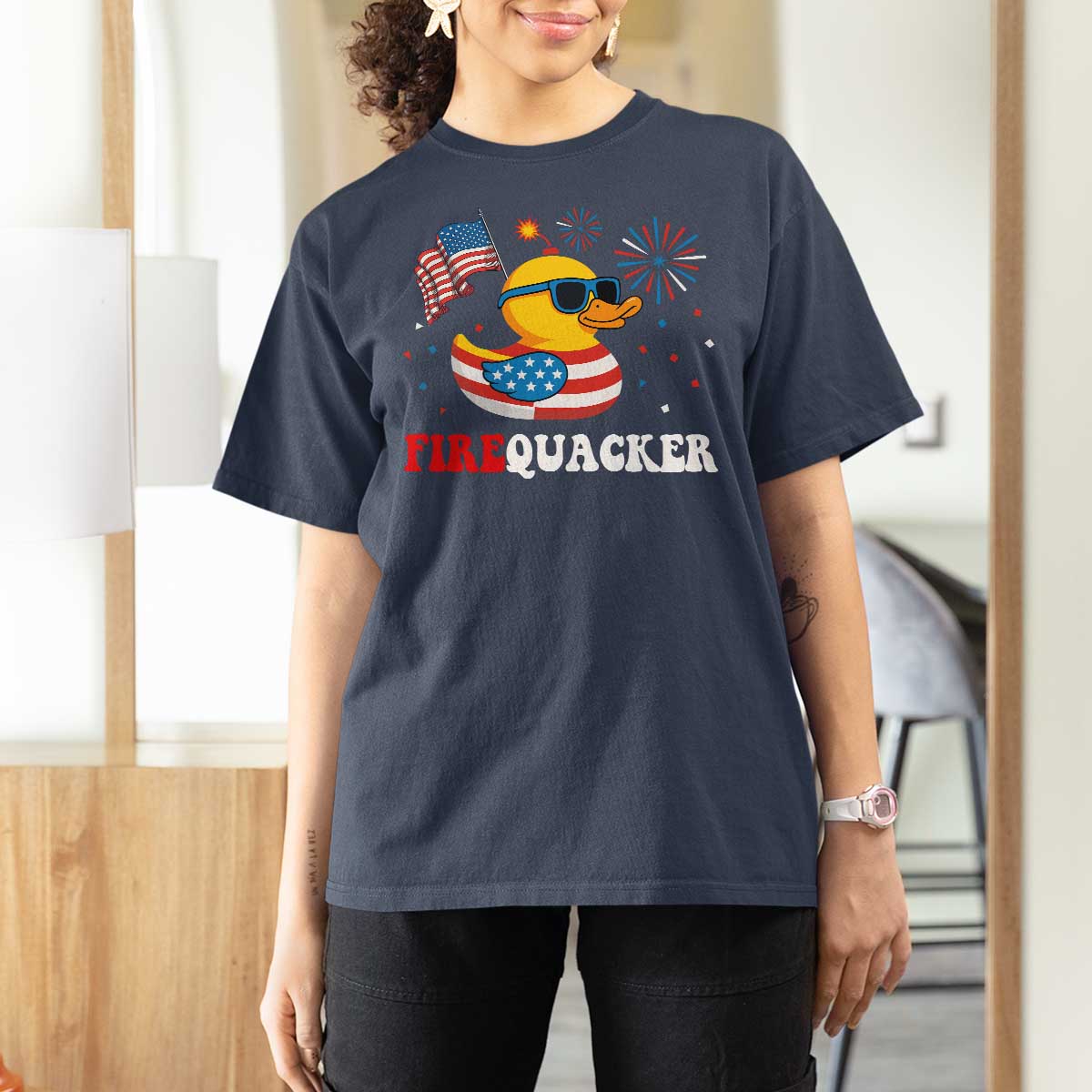 Funny July 4th T Shirt For Women Patriotic Duck Firequacker American Flag - Wonder Print Shop