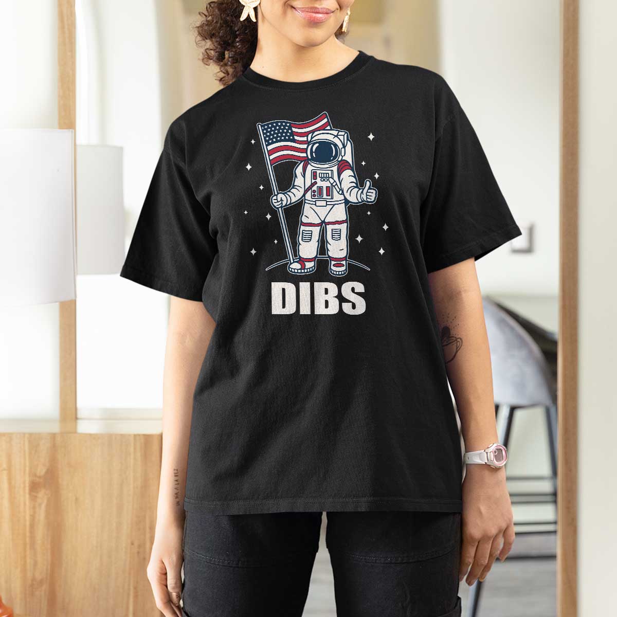 Funny Astronaut Dibs Moon Landing T Shirt For Women Patriotic Space USA Meme for 4th of July - Wonder Print Shop