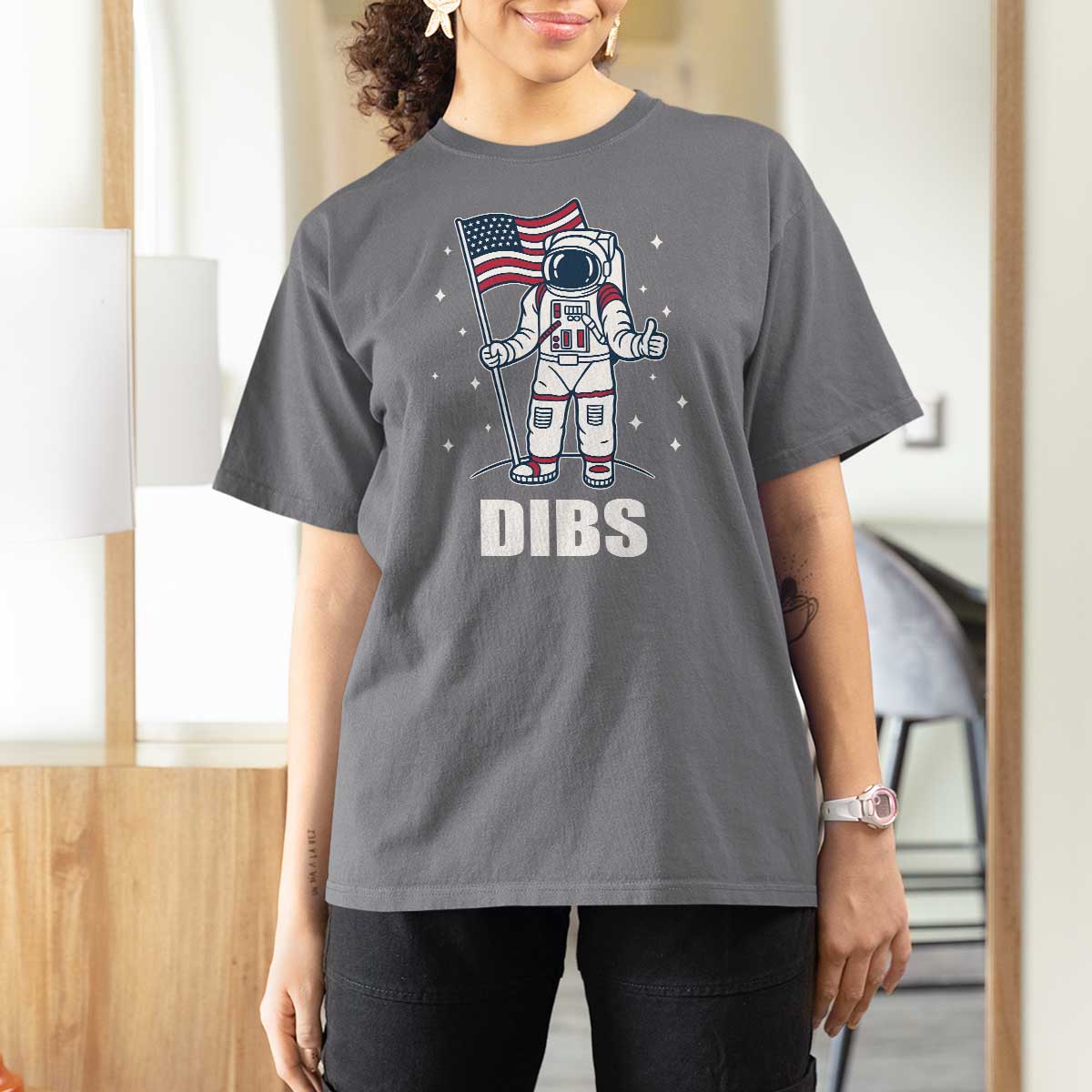 Funny Astronaut Dibs Moon Landing T Shirt For Women Patriotic Space USA Meme for 4th of July - Wonder Print Shop