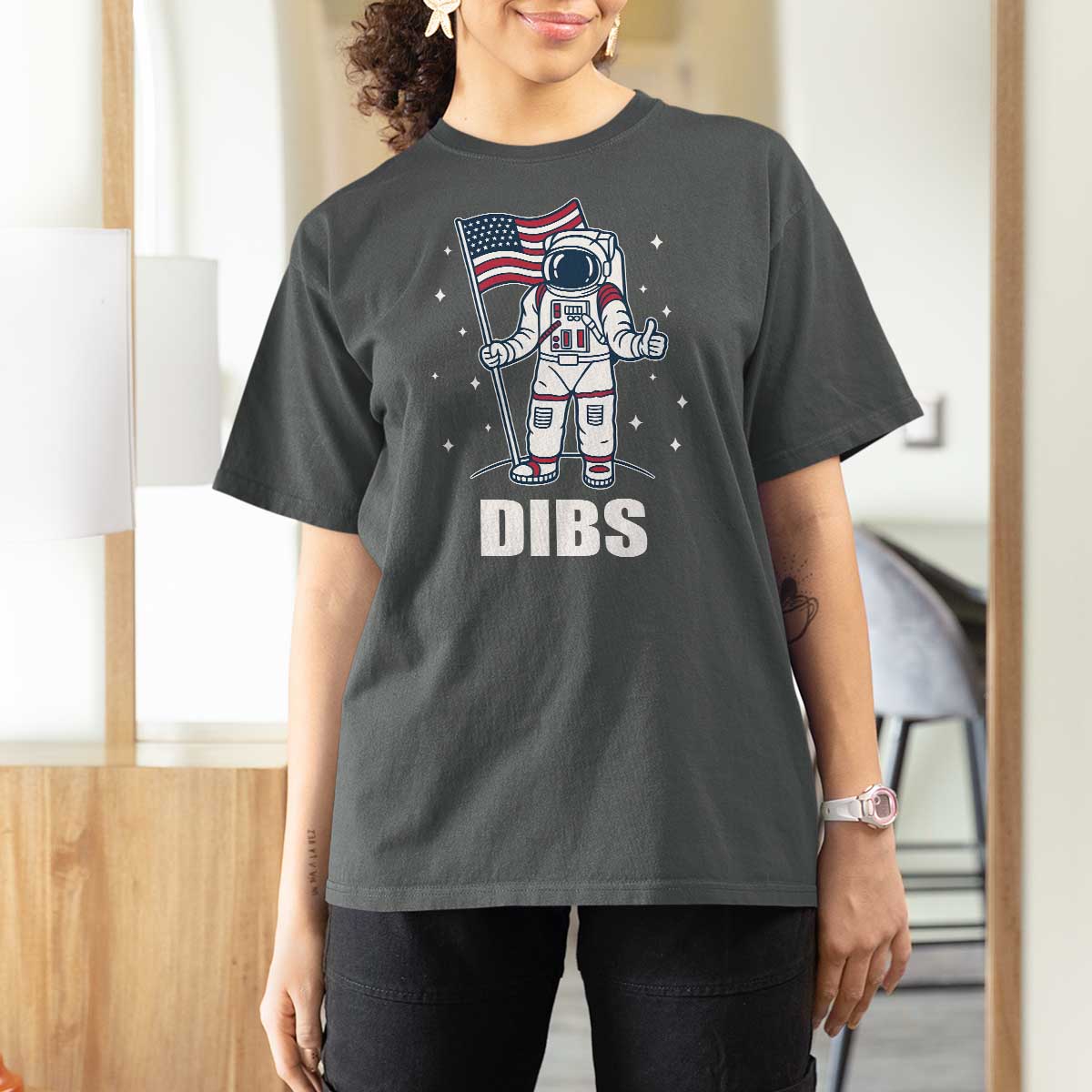 Funny Astronaut Dibs Moon Landing T Shirt For Women Patriotic Space USA Meme for 4th of July - Wonder Print Shop