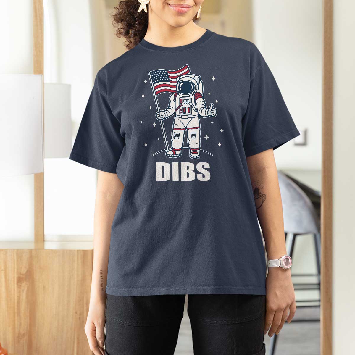 Funny Astronaut Dibs Moon Landing T Shirt For Women Patriotic Space USA Meme for 4th of July - Wonder Print Shop