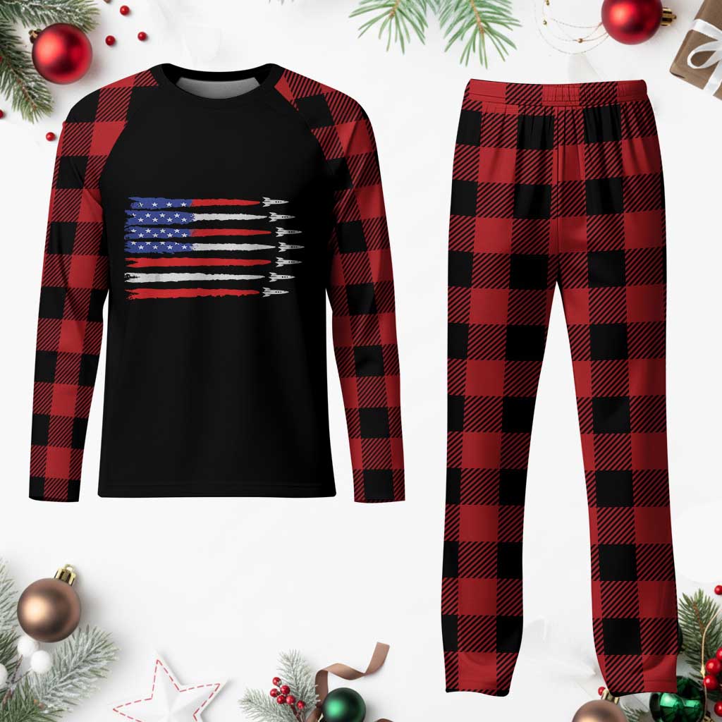 USA Flag Rocket Plaid Pajama Set Patriotic Space Red White Blue 4th of July - Wonder Print Shop