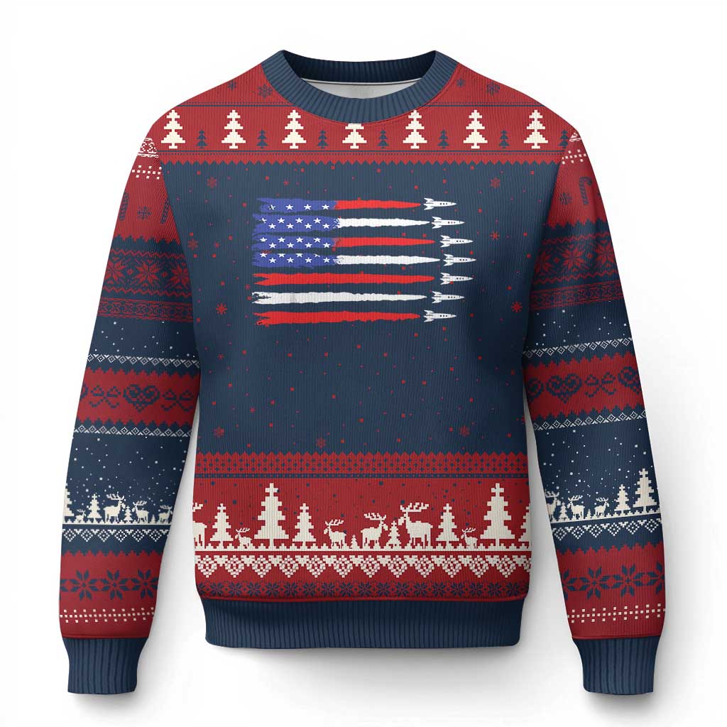 USA Flag Rocket Ugly Christmas Sweater Patriotic Space Red White Blue 4th of July - Wonder Print Shop