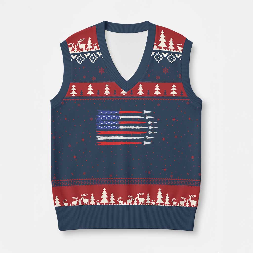 USA Flag Rocket V-Neck Knit Sweater Vest Patriotic Space Red White Blue 4th of July - Wonder Print Shop