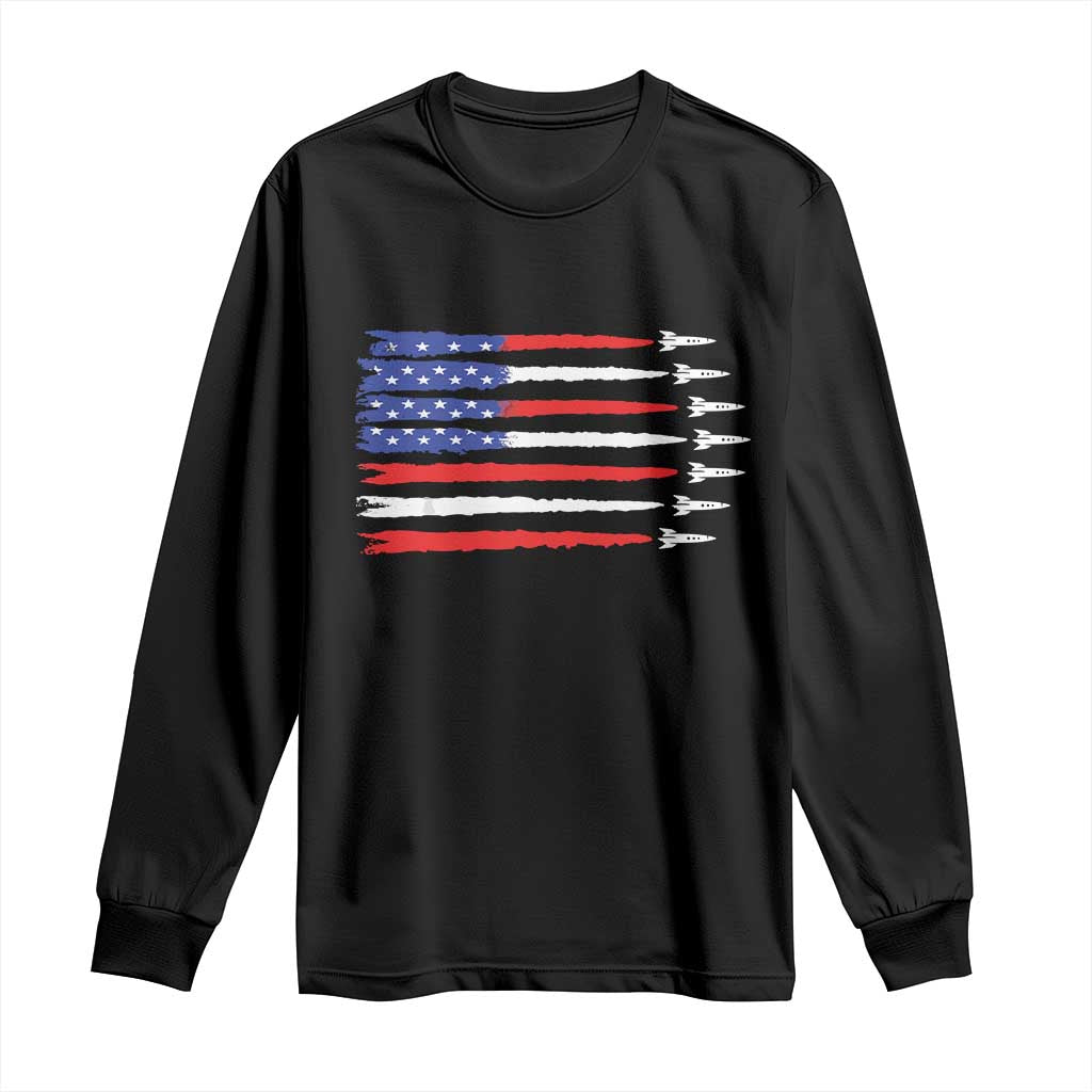 USA Flag Rocket Long Sleeve Shirt Patriotic Space Red White Blue 4th of July - Wonder Print Shop