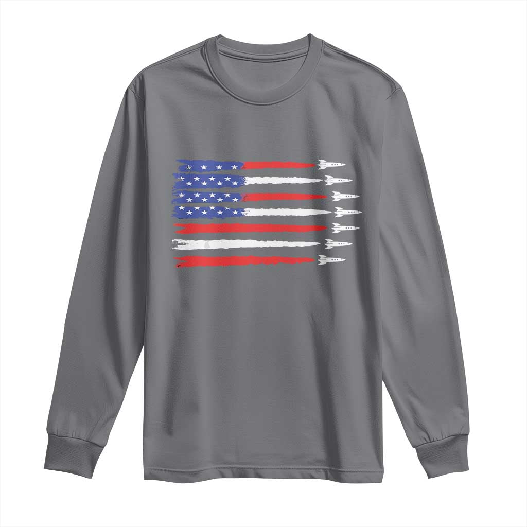 USA Flag Rocket Long Sleeve Shirt Patriotic Space Red White Blue 4th of July - Wonder Print Shop