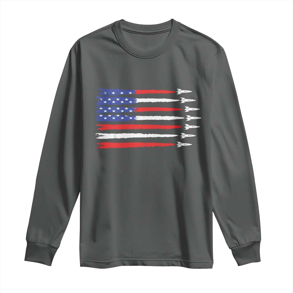 USA Flag Rocket Long Sleeve Shirt Patriotic Space Red White Blue 4th of July - Wonder Print Shop