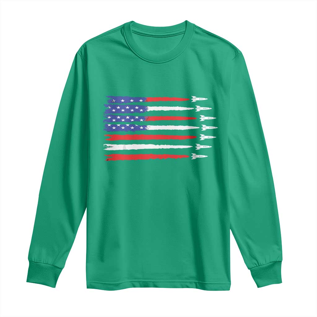 USA Flag Rocket Long Sleeve Shirt Patriotic Space Red White Blue 4th of July - Wonder Print Shop