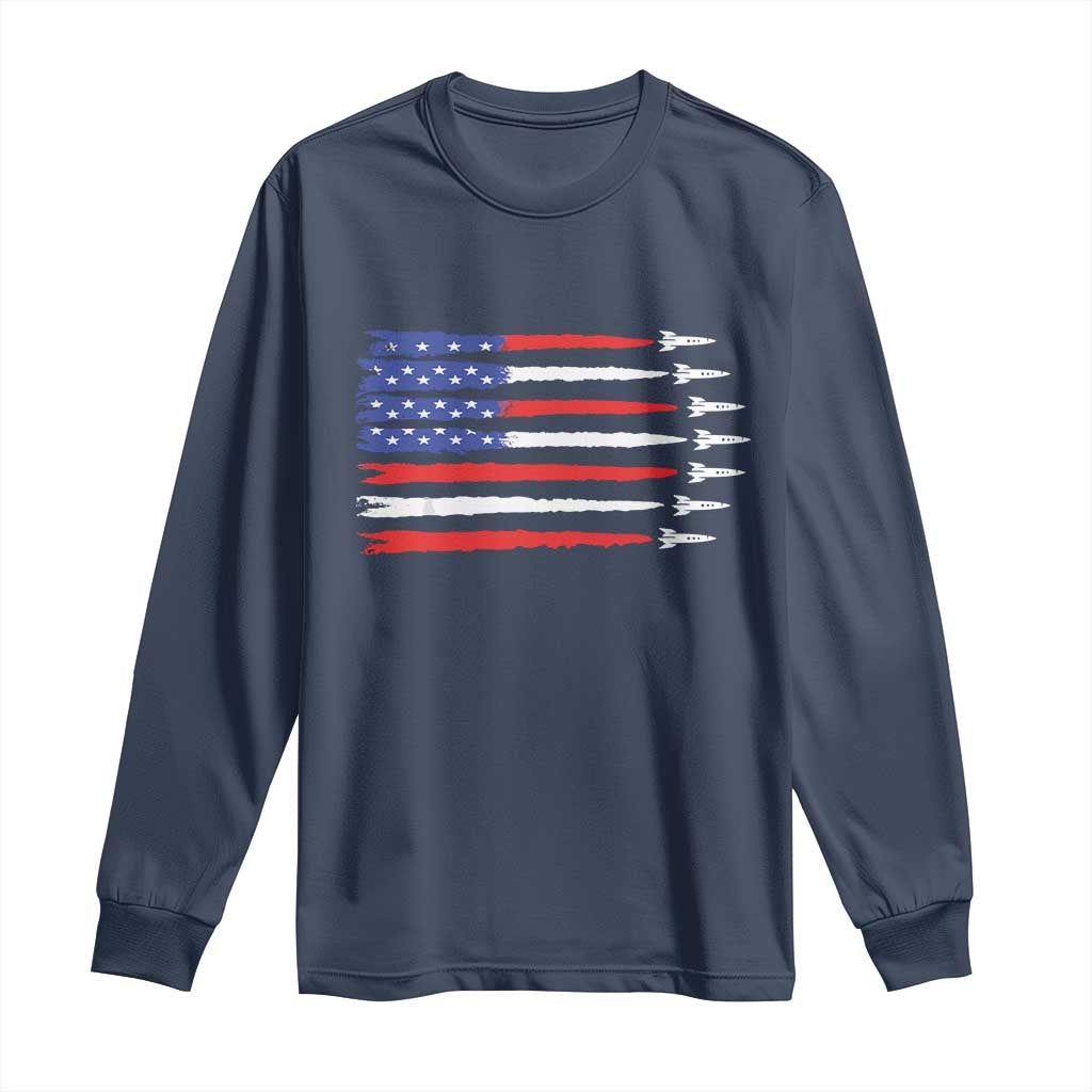USA Flag Rocket Long Sleeve Shirt Patriotic Space Red White Blue 4th of July - Wonder Print Shop