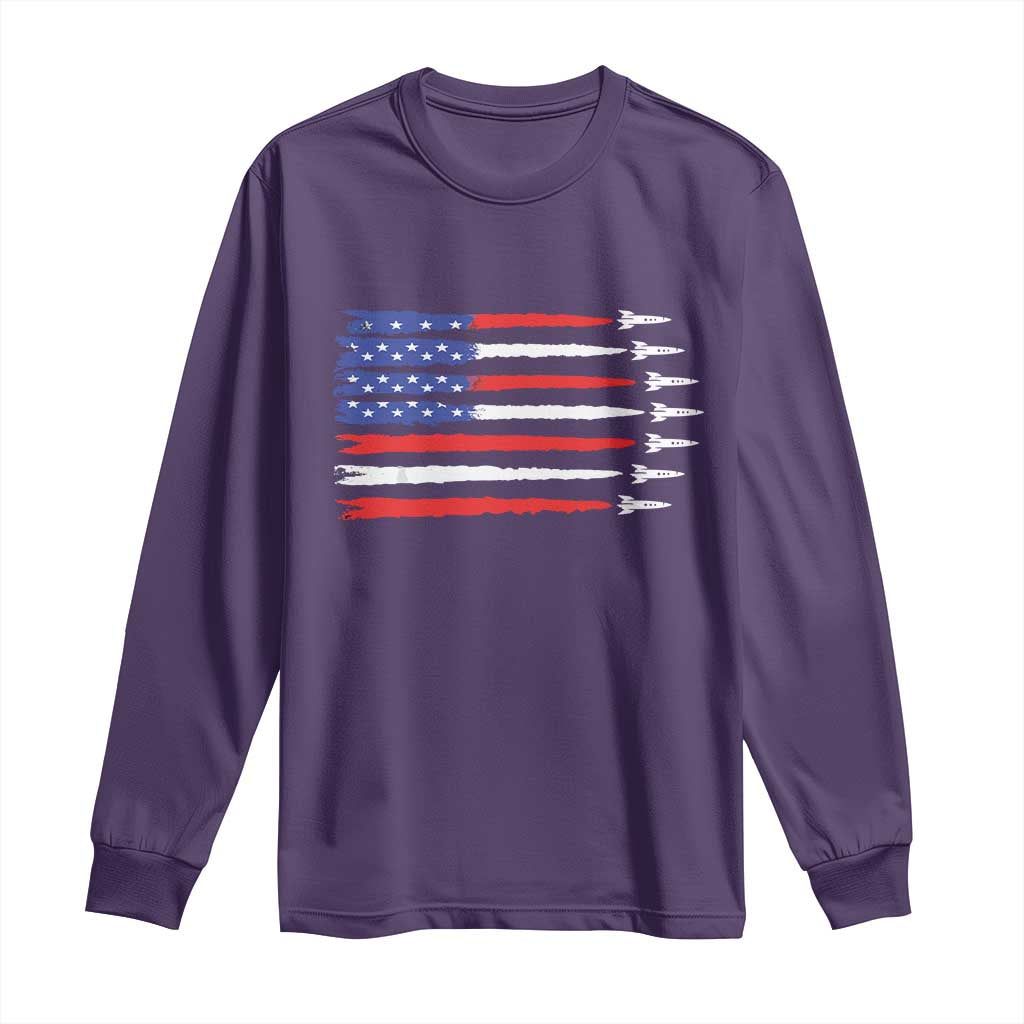 USA Flag Rocket Long Sleeve Shirt Patriotic Space Red White Blue 4th of July - Wonder Print Shop