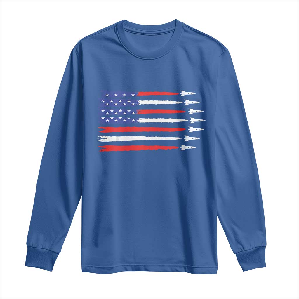 USA Flag Rocket Long Sleeve Shirt Patriotic Space Red White Blue 4th of July - Wonder Print Shop
