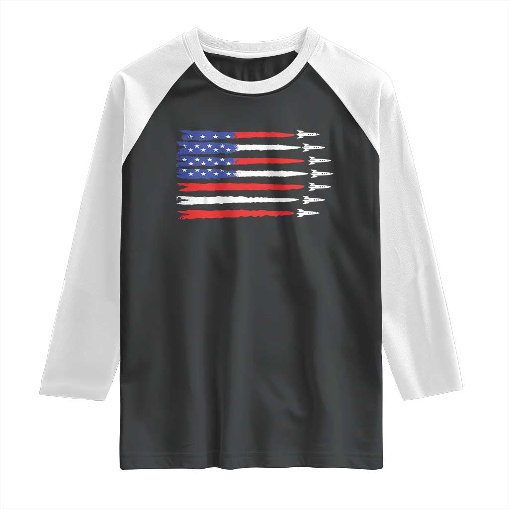 USA Flag Rocket Raglan Shirt Patriotic Space Red White Blue 4th of July - Wonder Print Shop
