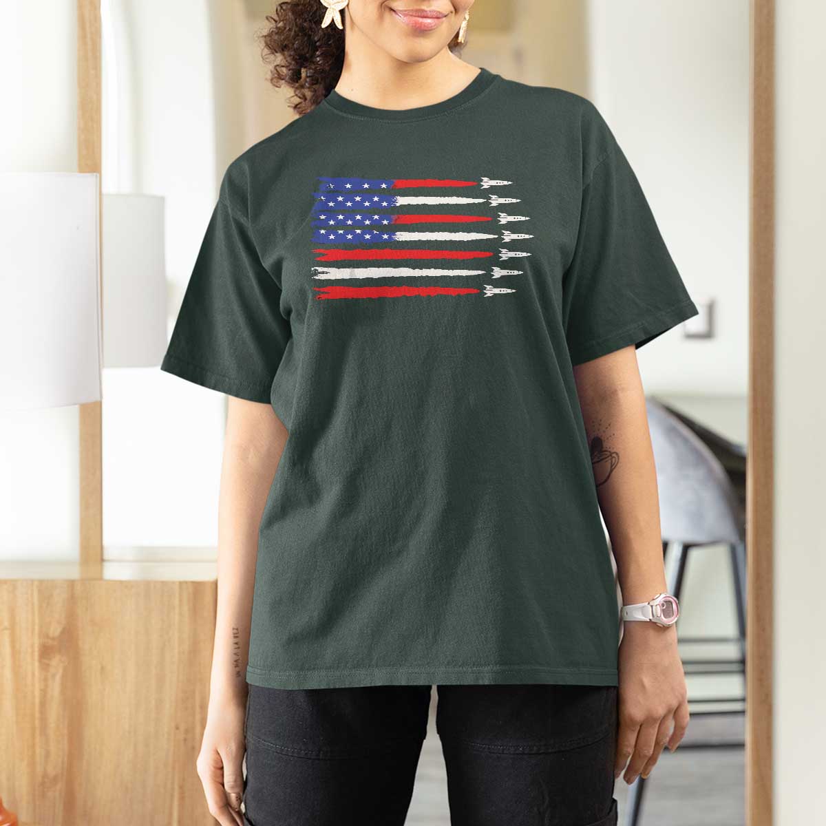 USA Flag Rocket T Shirt For Women Patriotic Space Red White Blue 4th of July - Wonder Print Shop