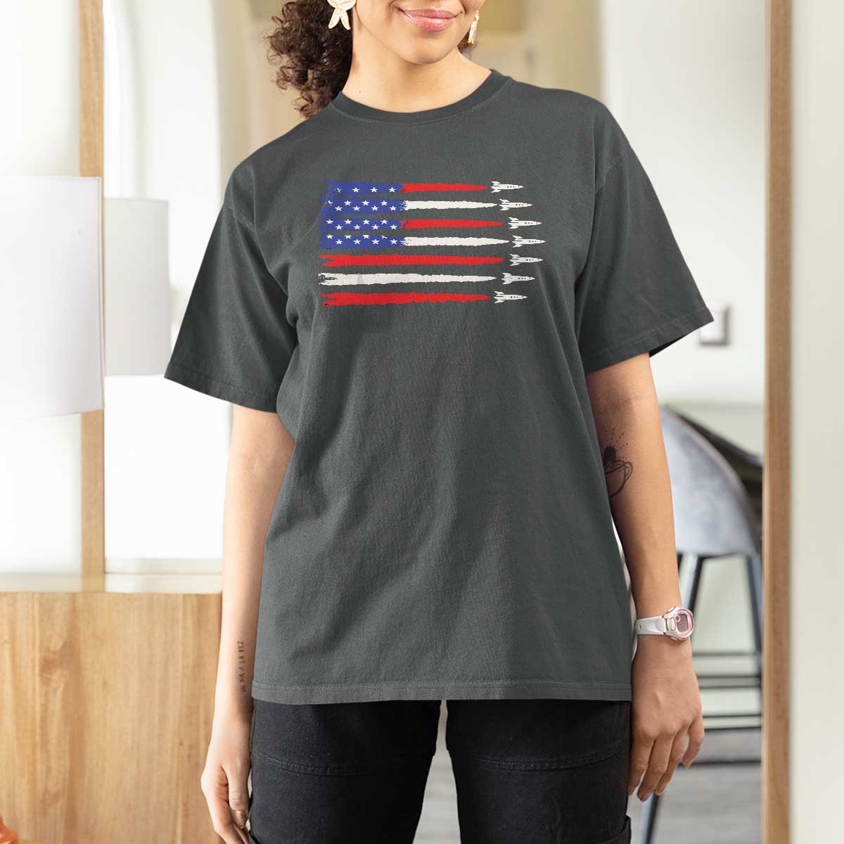 USA Flag Rocket T Shirt For Women Patriotic Space Red White Blue 4th of July - Wonder Print Shop