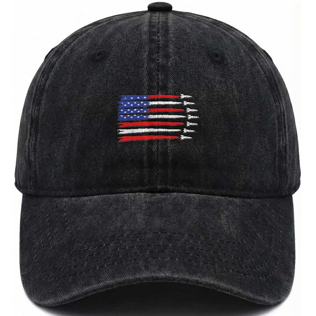 USA Flag Rocket Washed Cotton Baseball Cap Patriotic Space Red White Blue 4th of July