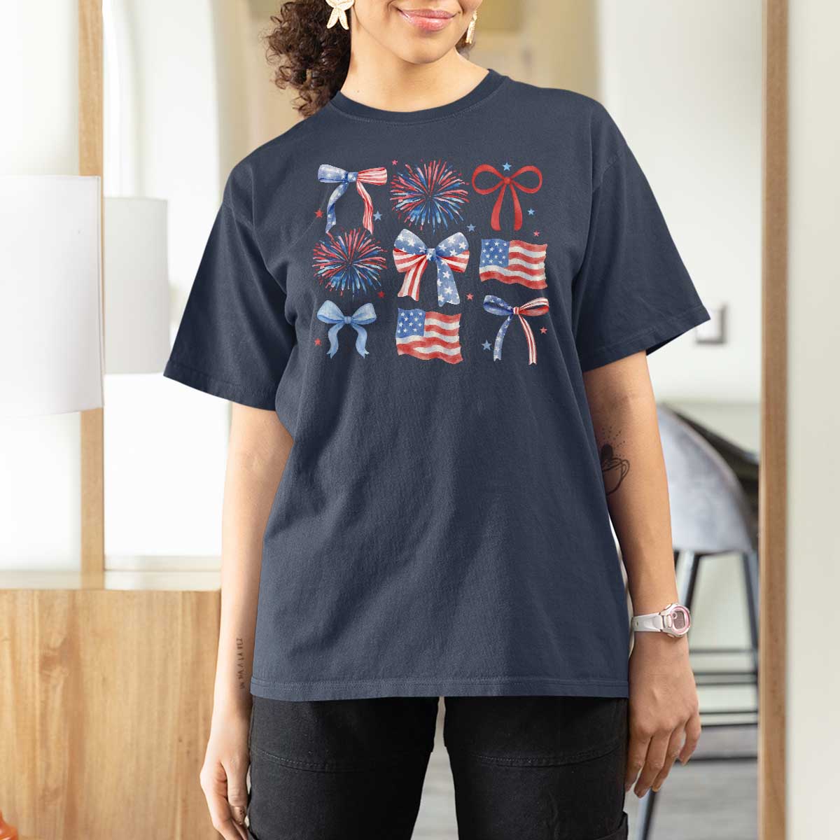 Coquette 4th Of July T Shirt For Women Patriotic Bow American Flag - Wonder Print Shop