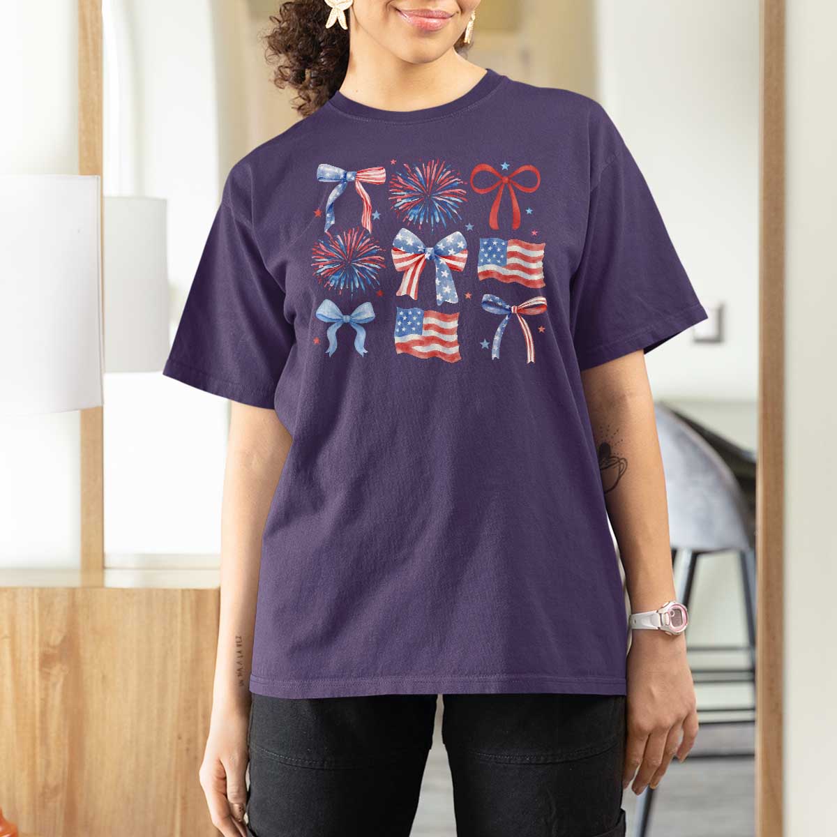 Coquette 4th Of July T Shirt For Women Patriotic Bow American Flag - Wonder Print Shop