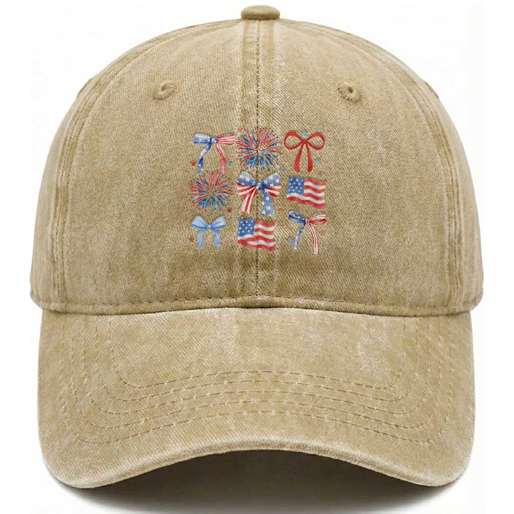 Coquette 4th Of July Washed Cotton Baseball Cap Patriotic Bow American Flag