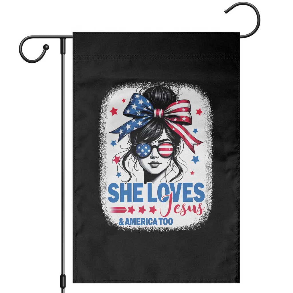 She Loves Jesus And America Too Garden Flag Christian 4th of July Messy Bun Flag - Wonder Print Shop