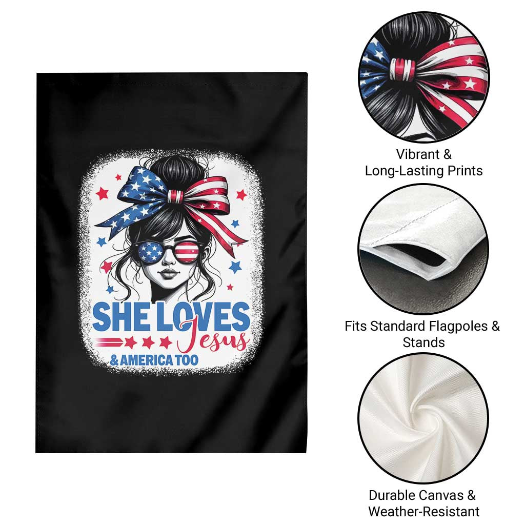 She Loves Jesus And America Too Garden Flag Christian 4th of July Messy Bun Flag - Wonder Print Shop