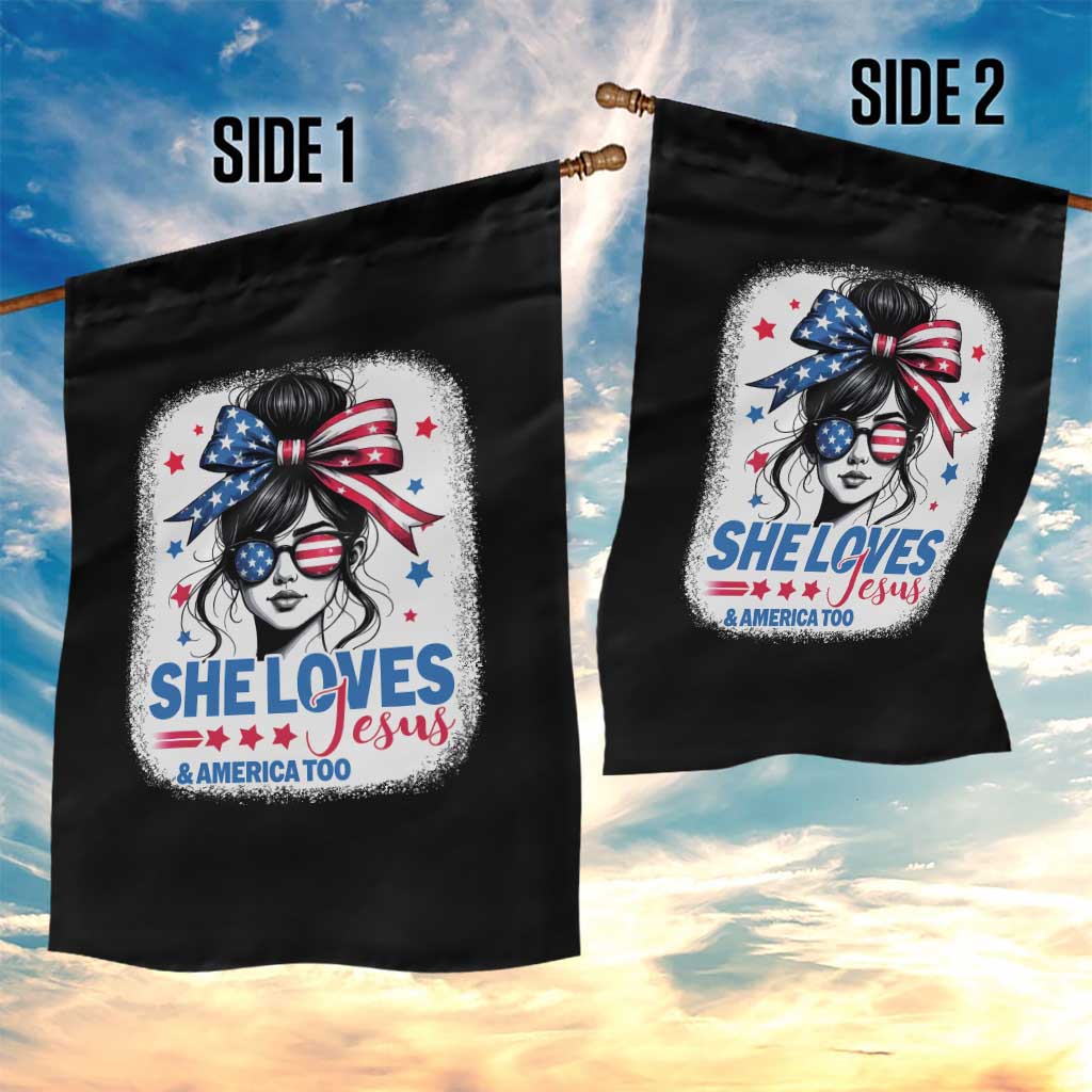 She Loves Jesus And America Too Garden Flag Christian 4th of July Messy Bun Flag - Wonder Print Shop