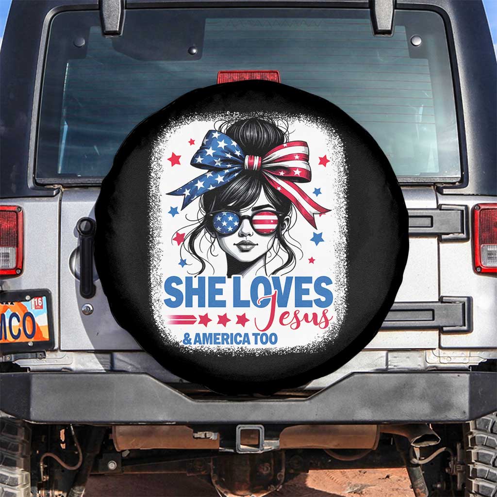 She Loves Jesus And America Too Spare Tire Cover Christian 4th of July Messy Bun Flag - Wonder Print Shop